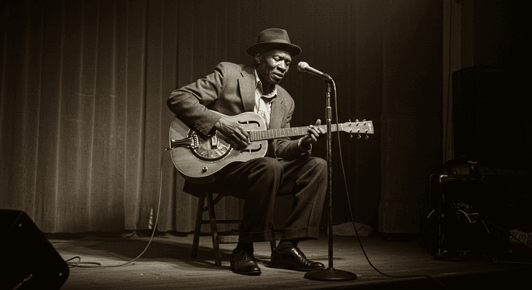 A vintage photograph of a blues guitarist performing on a dimly lit stage with a resonator guitar.